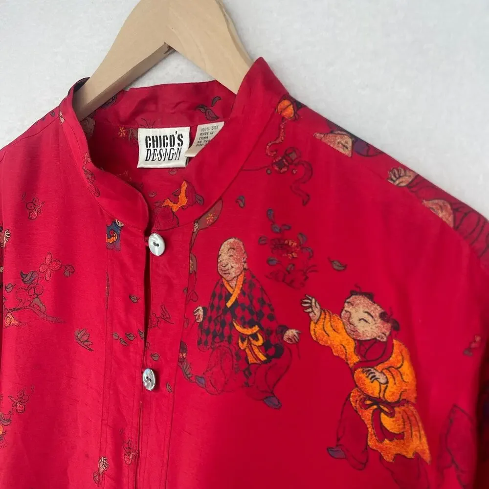 CHICOS Blouse 3 XL Asian Chinese Print Silk Satin Mandarin Collar Button Up Red_2